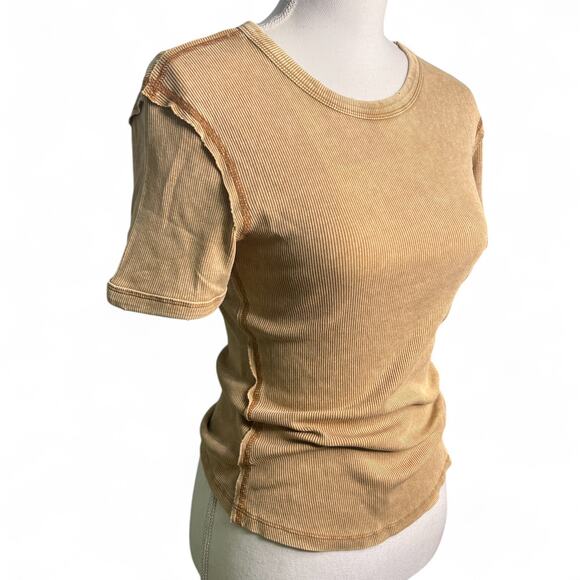 Zara Size Medium Tan Rib Knit Distressed Basic Fitted TShirt Top Cotton Stretch - Picture 9 of 10
